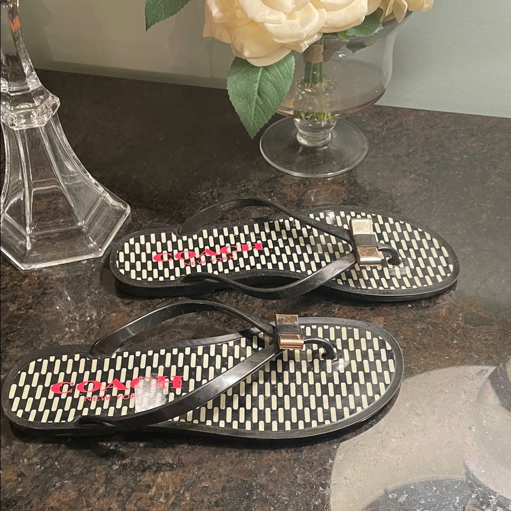 COACH Women’s Black Flip Flop Sandals with Gold Accent - Picture 5 of 9